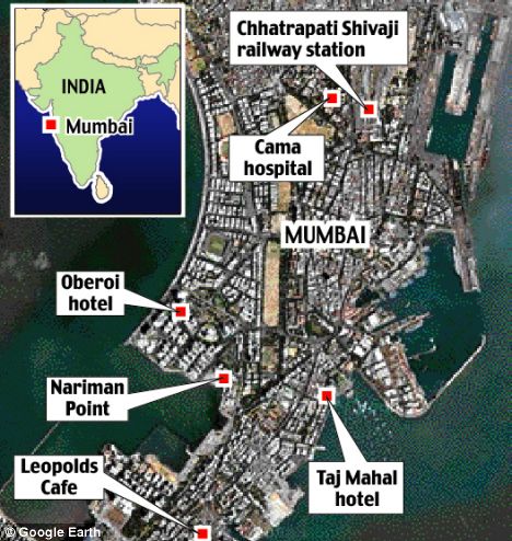 A map shows the locations of the bombings across Mumbai